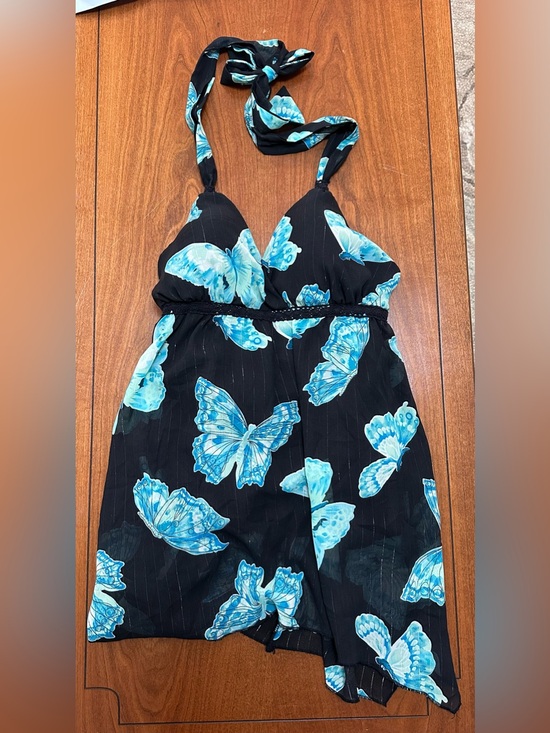 Tops - Jordache Butterfly Halter Top Juniors L Black Blue Y2K Handkerchief Hem